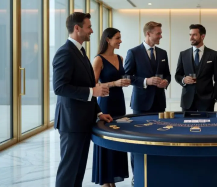 Luxusní blackjack stůl na firemním večírku s hosty a krupiérem