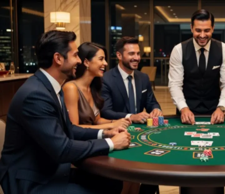 Kolegové se baví u blackjack stolu s profesionálním krupiérem na firemním večírku