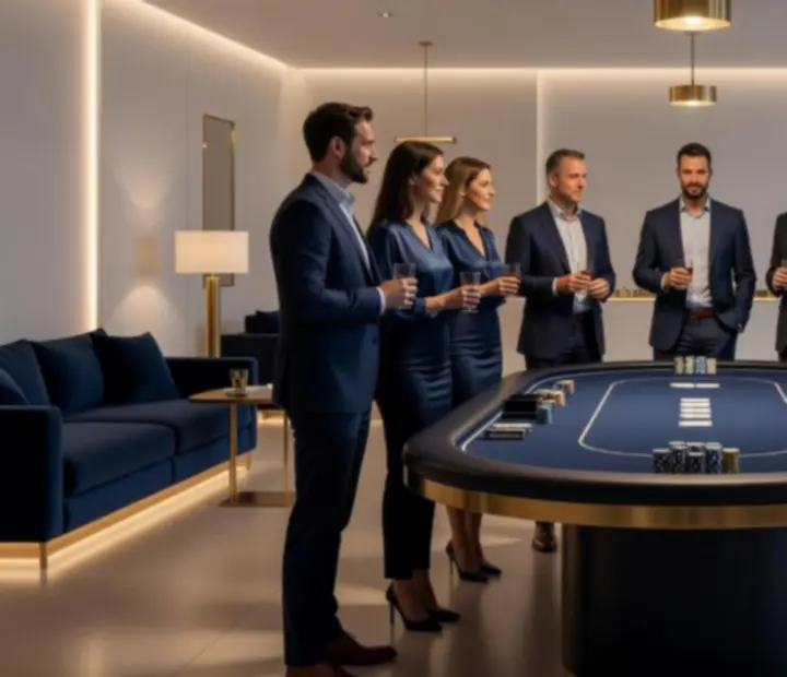 Luxusní kasinová párty s pokerovým stolem a hosty v elegantním prostředí