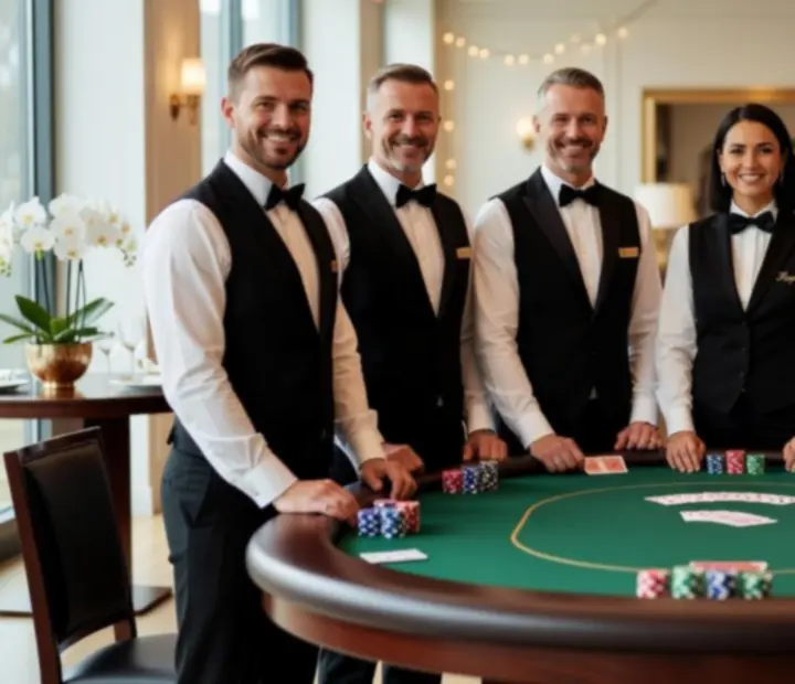 Tým profesionálních krupiérů připravených vést pokerový večer Bravina