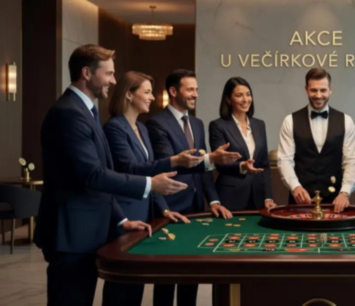 Ruletový stůl na kasinové párty s hosty, kteří hrají pouze o zábavní žetony bez peněžní hodnoty